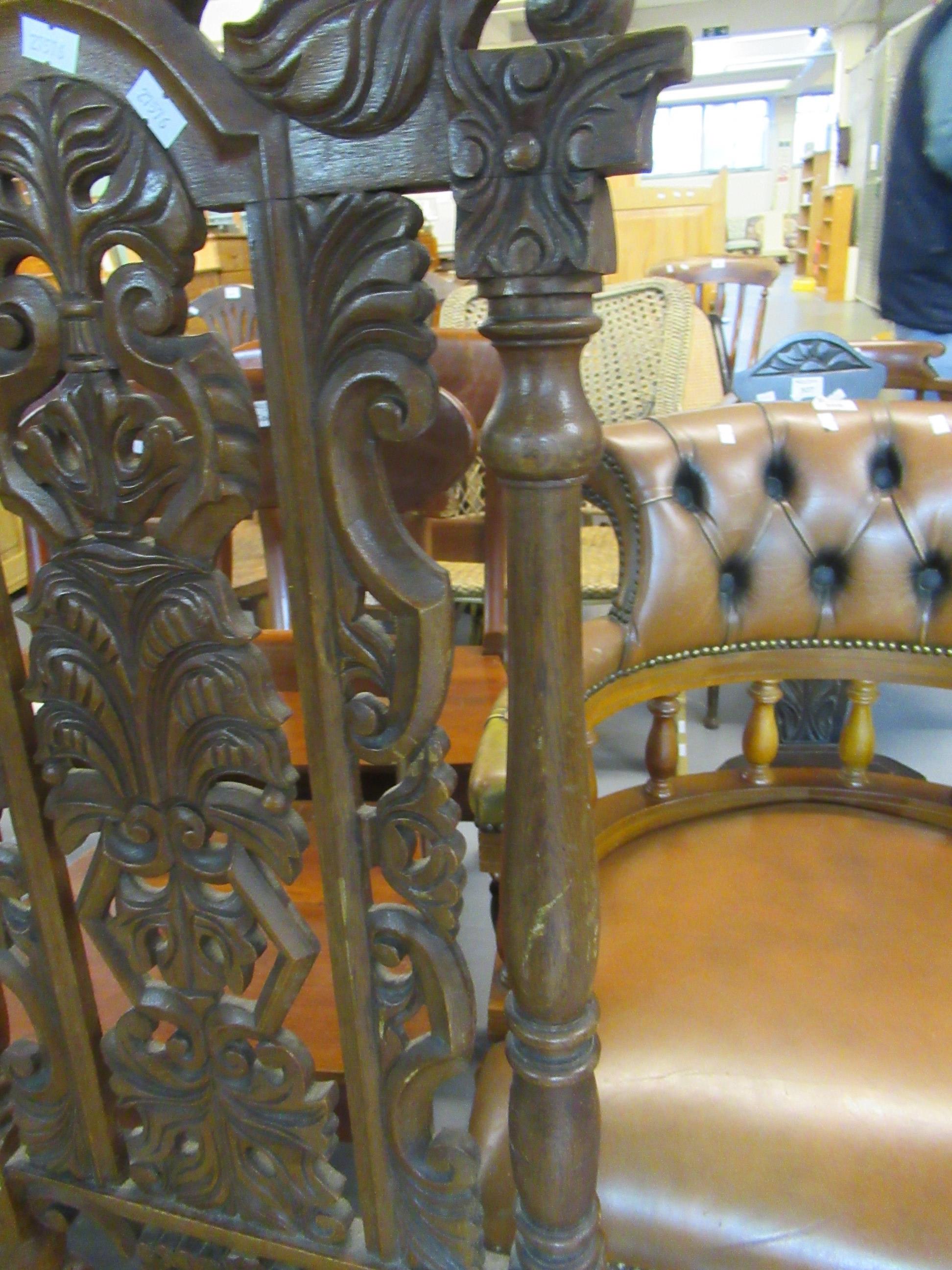 A pair of 20th Century heavily carved high back hall chairs with stuff over seats, standing on - Image 5 of 10