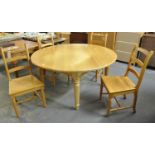 Modern locally made ash circular centre table, together with set of four ash bar back chairs, all