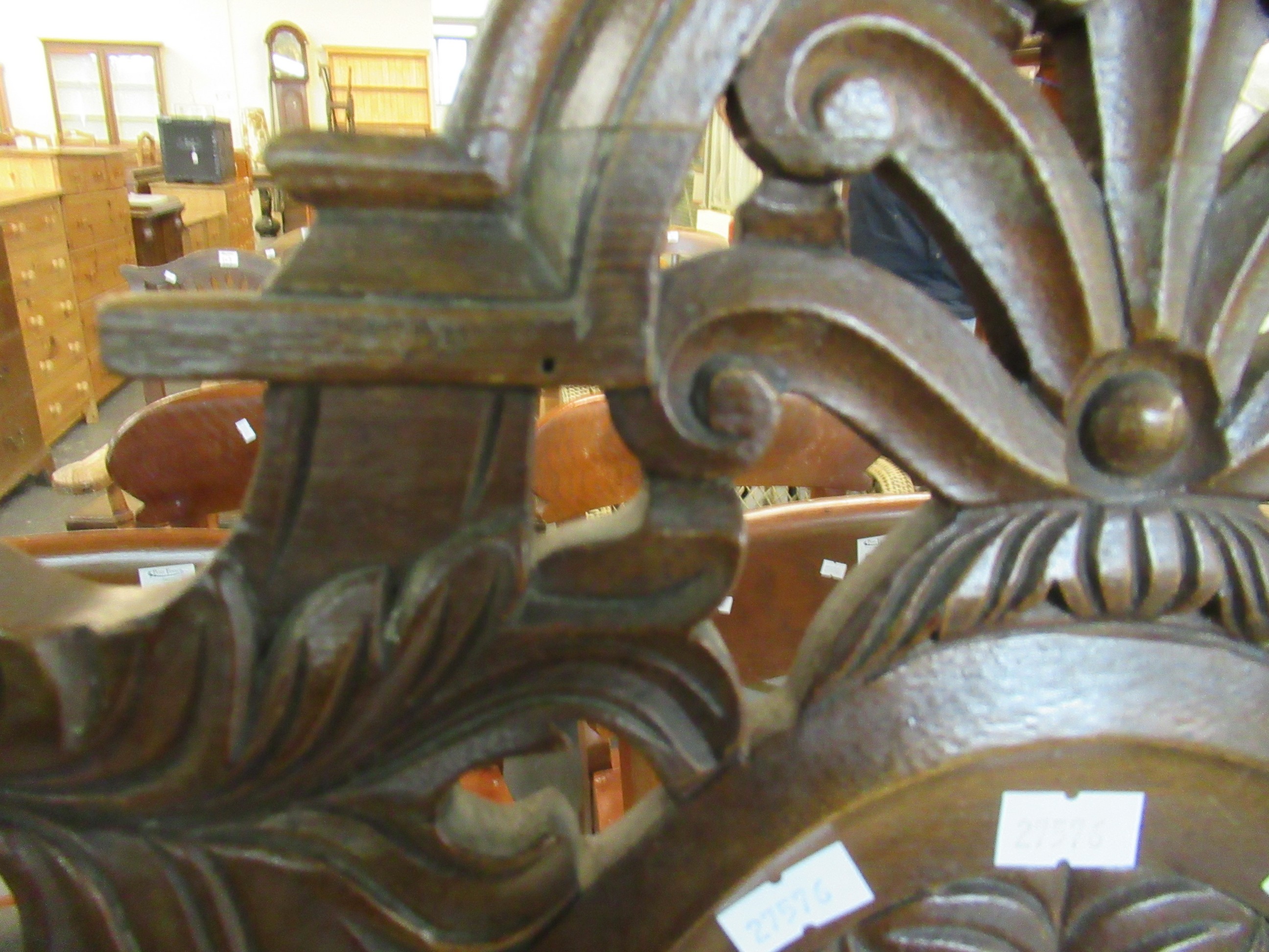 A pair of 20th Century heavily carved high back hall chairs with stuff over seats, standing on - Image 2 of 10