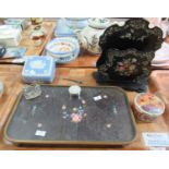 Tray of assorted items to include: a black lacquered, mother-of-pearl inlaid, letter rack,