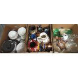 Three boxes of assorted china and glass to include: stoneware bottles, vases, copper lustre jugs and