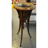 Edwardian mahogany inlaid jardiniere stand with copper and brass planted on out swept legs. (B.P.