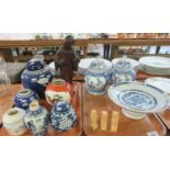 Two trays of oriental and oriental design items to include; blue and white ginger jars in various