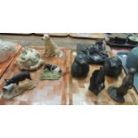 Two trays of various animal statues to include: a Paul Jenkins resin, cat adorned, lidded pot, a