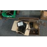 Box of assorted items to include; outdoor lights, vintage clamps on long metal poles etc. (B.P.