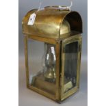 Brass single burner ship or vehicle lantern with glass front and sides and clear glass chimney. 32cm