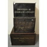 Collection of three 19th Century metal deed boxes to include; 'Trustees of Archdeacon Lewis', 'Isaac