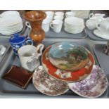 Tray of assorted items to include: Royal Doulton plate decorated in gilt and orange with cottage