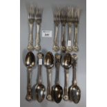 Bag of Victorian silver table spoons and forks. 24 troy ozs approx. (B.P. 21% + VAT)