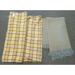 Three vintage woollen blankets to include; two matching mustard ground check blankets and one blue