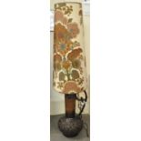 1970's pottery brown ground table lamp with large conical floral shade, possibly West German. (B.