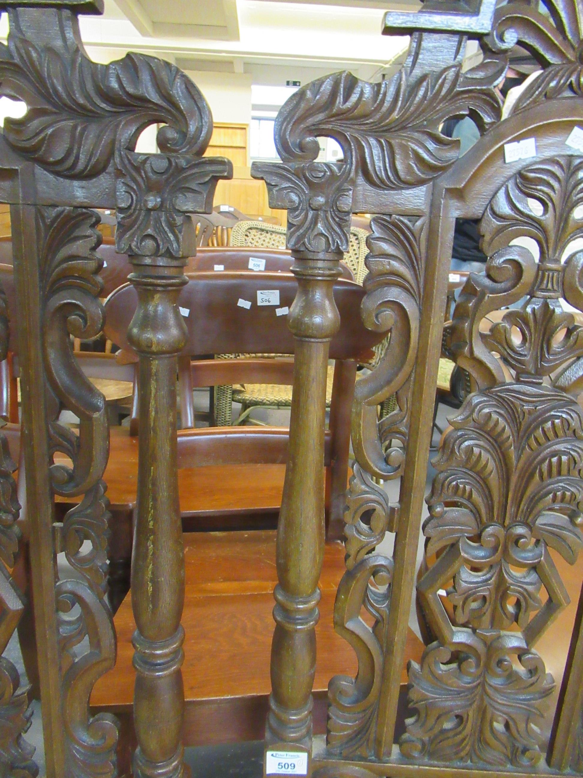 A pair of 20th Century heavily carved high back hall chairs with stuff over seats, standing on - Image 4 of 10