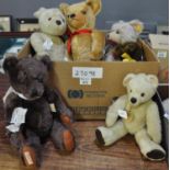 Box of Steiff and Dean's teddy bears to include; Steiff 1909 brown growling bear, Steiff baby