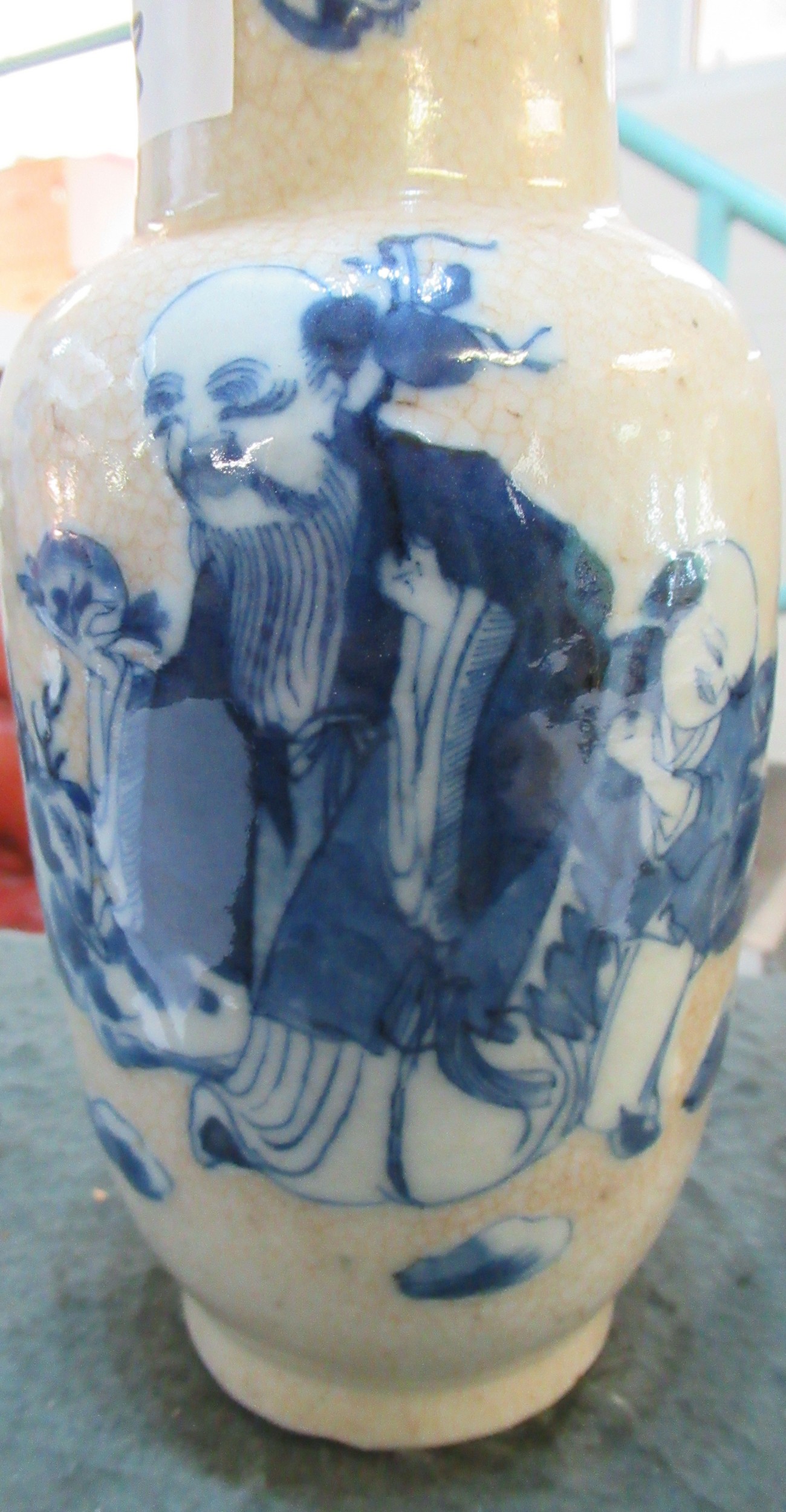 Pair of Chinese blue and white cup mouth baluster vases decorated with applied figures of an - Image 3 of 6