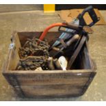Vintage wooden crate comprising assorted metalware and tools ; various to include; picture frames,