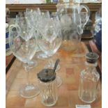 Tray of assorted glassware to include; lemonade jug with etched daisy design, six etched hock