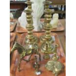 Tray of metalware to include; two pairs of brass candlesticks, two pairs of miniature brass