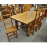 Large modern pine farmhouse kitchen table on baluster turned legs. 182 x 104 x 78 cm approx.