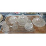 Tray of cut glass dressing table items to include: glass tray, lidded powder bowls, small vase, etc.