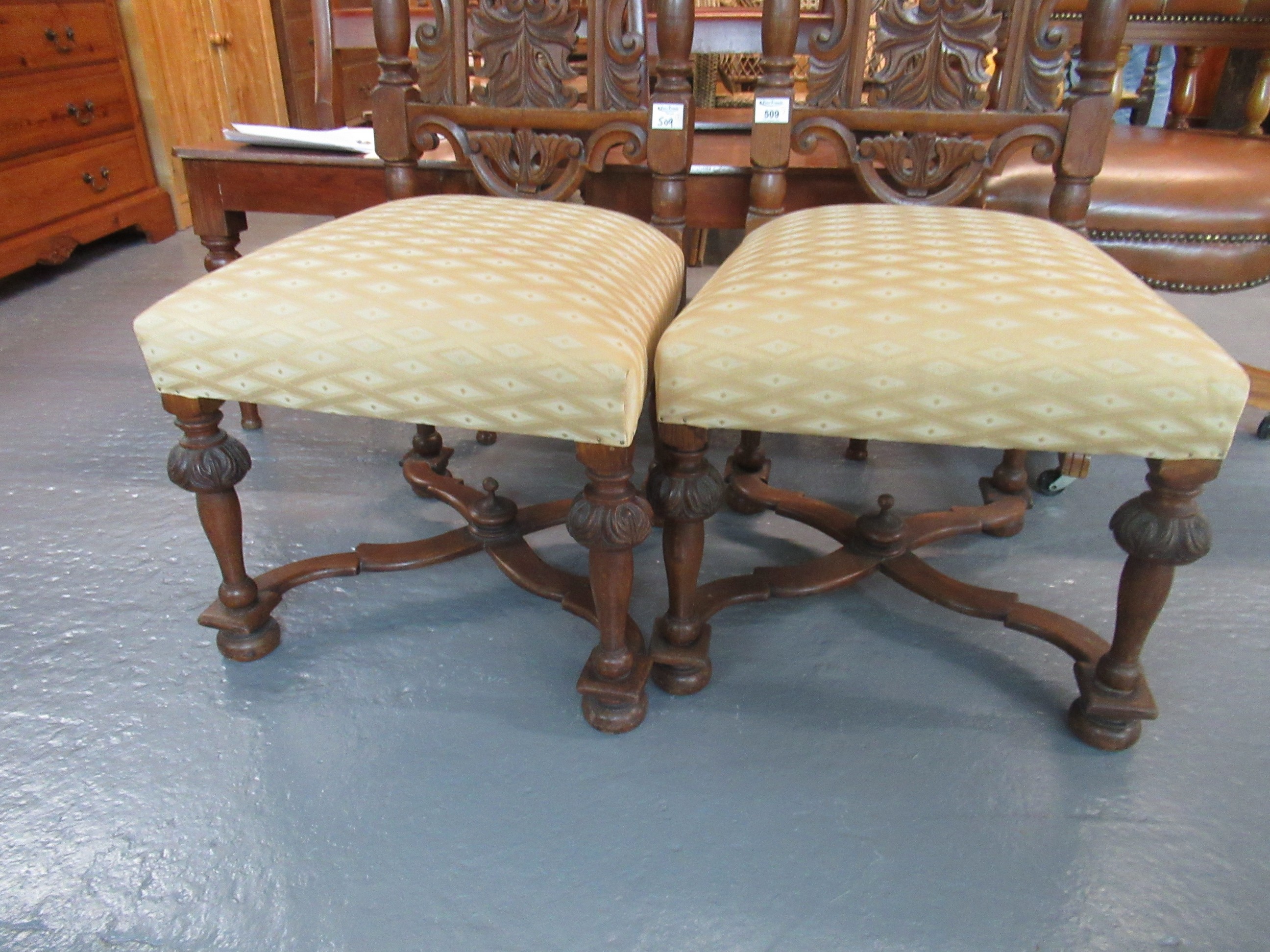 A pair of 20th Century heavily carved high back hall chairs with stuff over seats, standing on - Image 7 of 10