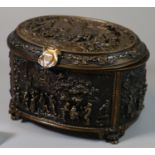 19th Century style patinated bronze or yellow metal relief decorated oval casket, overall with
