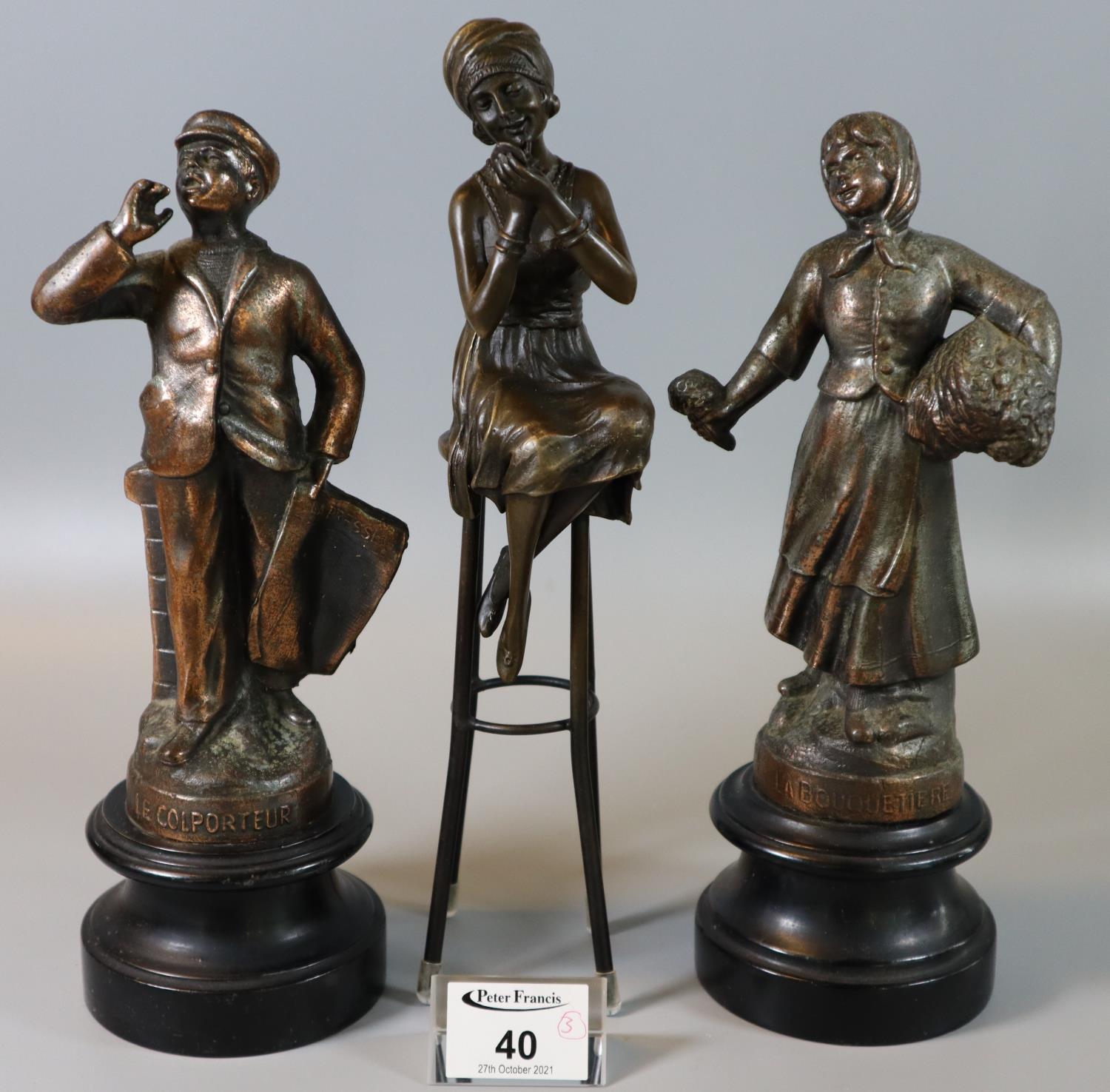 Modern patinated bronze figure of a young woman on a high stool in Art Deco style, together with a