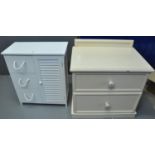 Painted finish modern free standing bathroom cabinet, together with a painted two drawer straight