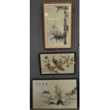Group of three Chinese painted and needlework panels. Framed and glazed. (3) (B.P. 21% + VAT)