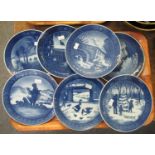 Seven blue and white Royal Copenhagen Danish pottery collectors plates, some Christmas design. (B.P.