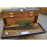 Vintage stained carpenters toolbox, the interior revealing assorted tools; saws etc, with pull out