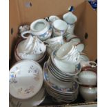 Three boxes of assorted china, much of it blue and white, to include Spode coffee mugs, willow