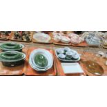 Four trays of French pottery by Emile Henry in dark green and white to include: two lidded casserole