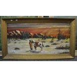 W Mugridge, North American winter scene with 'Indian' and horse, oils on board, 44 x 88cm approx.