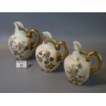 Three similar Royal Worcester blush ivory flat back jugs, all with shape no. 1094. (3) (B.P. 21% +
