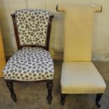 Victorian rosewood prie dieu chair, together with another Victorian button back upholstered mahogany