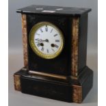 Late 19th century black slate and marble two train mantel clock with Roman face. 28cm high