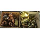 Two boxes of metalware to include; copper kettle, graduated copper measuring jugs, a copper and