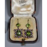 Pair of Edwardian style peridot, amethyst and diamond earrings. (B.P. 21% + VAT)
