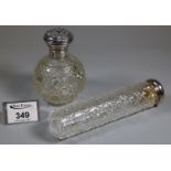 Early 20th century silver-topped hobnail cut globular scent bottle, together with a similar cylinder