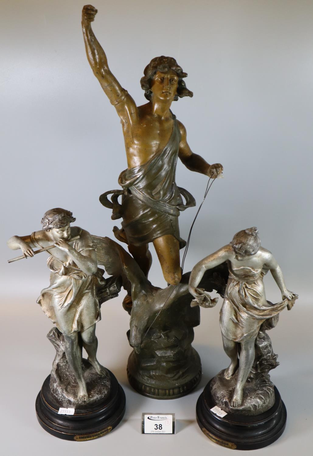 Pair of French silvered spelter figurines 'Improvisateur' and 'Prisonniere', 30cm high approx.