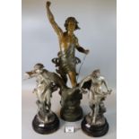 Pair of French silvered spelter figurines 'Improvisateur' and 'Prisonniere', 30cm high approx.