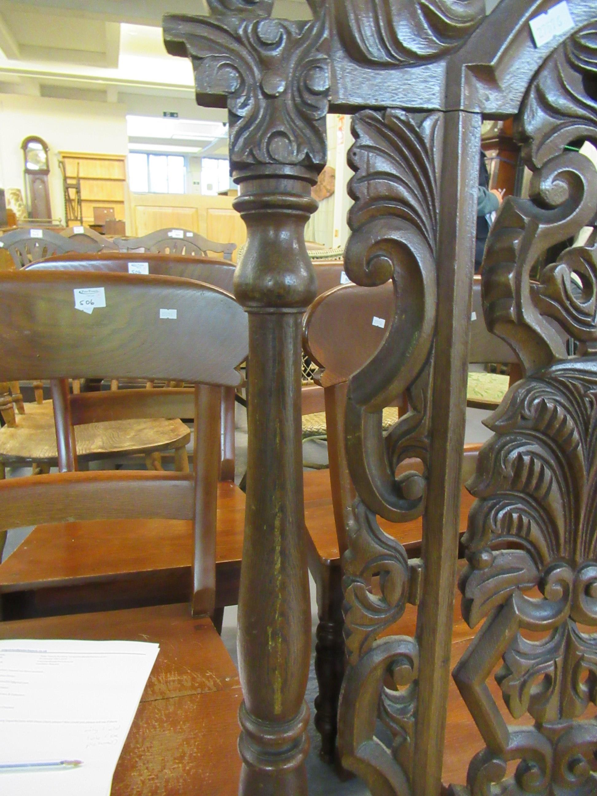 A pair of 20th Century heavily carved high back hall chairs with stuff over seats, standing on - Image 3 of 10