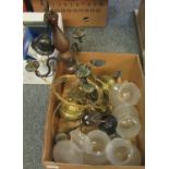 Box of light fittings and shades to include; two wooden and metal ceiling light fittings, two