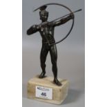 Patinated metal sculptural study of a Greek archer on square marble base. 21cm high approx. (B.P.