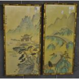Pair of Chinese school prints depicting the Great Wall of China etc in gilded simulated bamboo