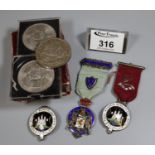 Two Royal Masonic Benevolent Inst 1912 silver enamelled jewels, together with another stewards