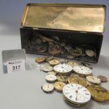 C.W.S vintage tin biscuit box, the interior revealing assorted watch parts and faces. (B.P. 21% +