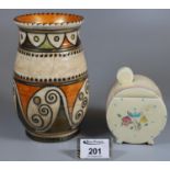 Charlotte Rhead 4920 tube lined vase, together with a Clarice Cliff 'Bizarre' floral lidded