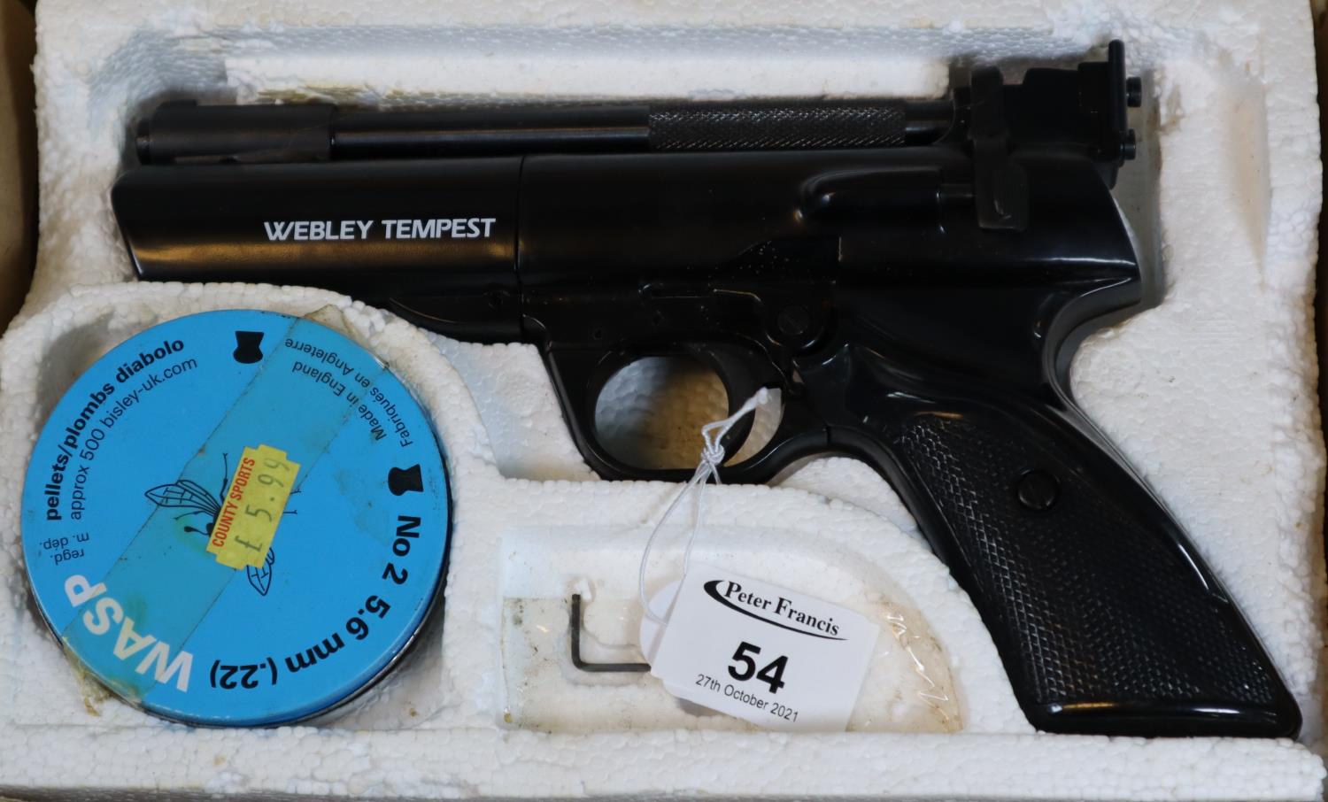 Webley Tempest .22 air pistol with tin of Webley Wasp pellets. (B.P. 21% + VAT)