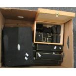Box containing two jewellery boxes, one faux leather, one wood and various ring boxes and small